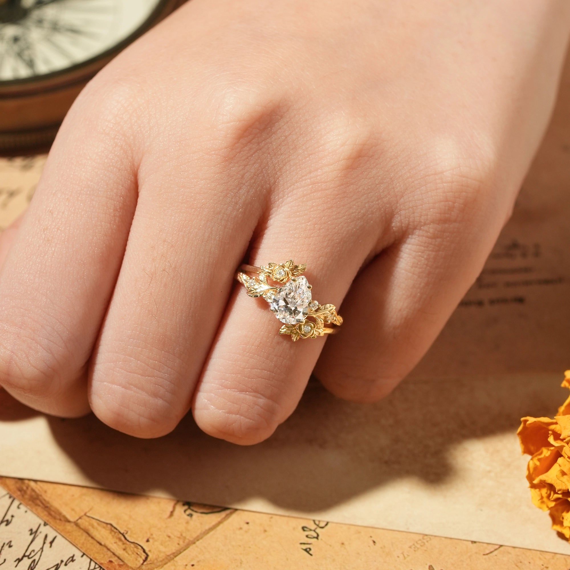 Rose Blossom: Pear - Cut Lab Grown Diamond Floral Ring Set - Camille - GemsMagic