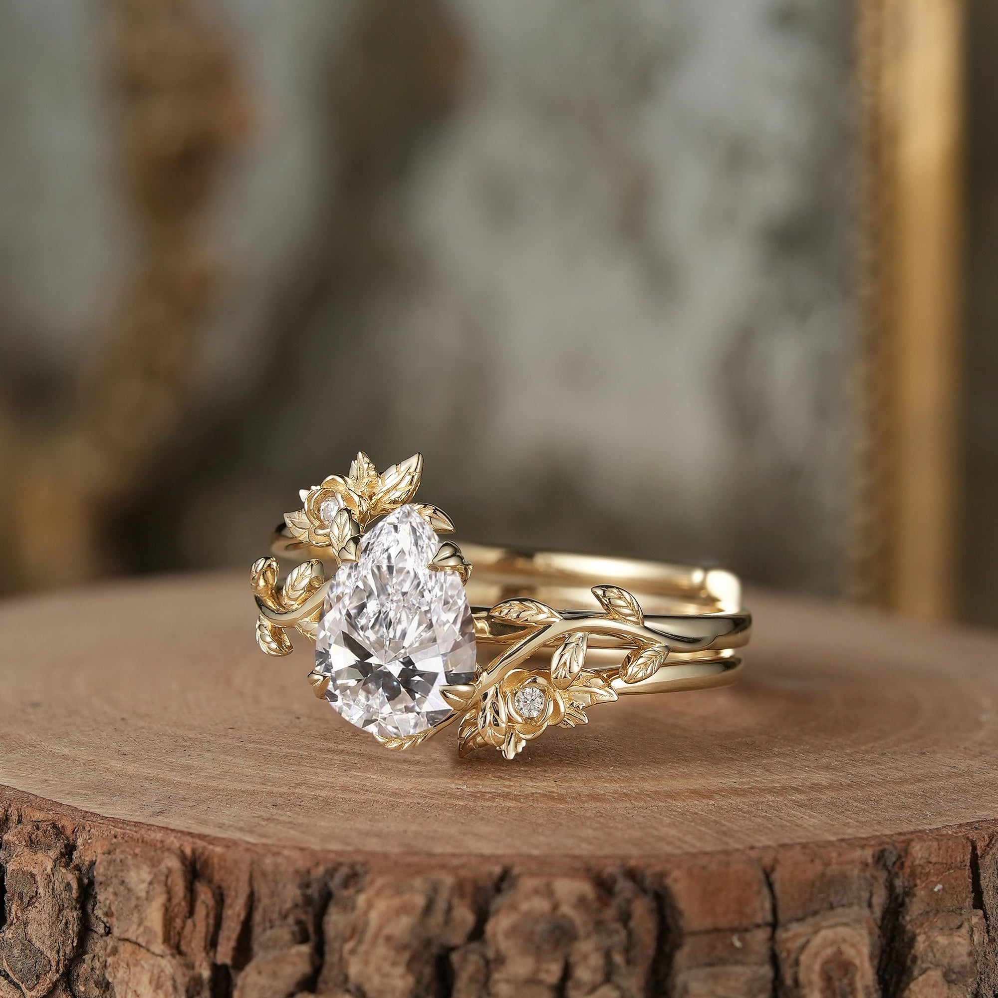 Rose Blossom: Pear - Cut Lab Grown Diamond Leaf Ring Set - Helena - GemsMagic