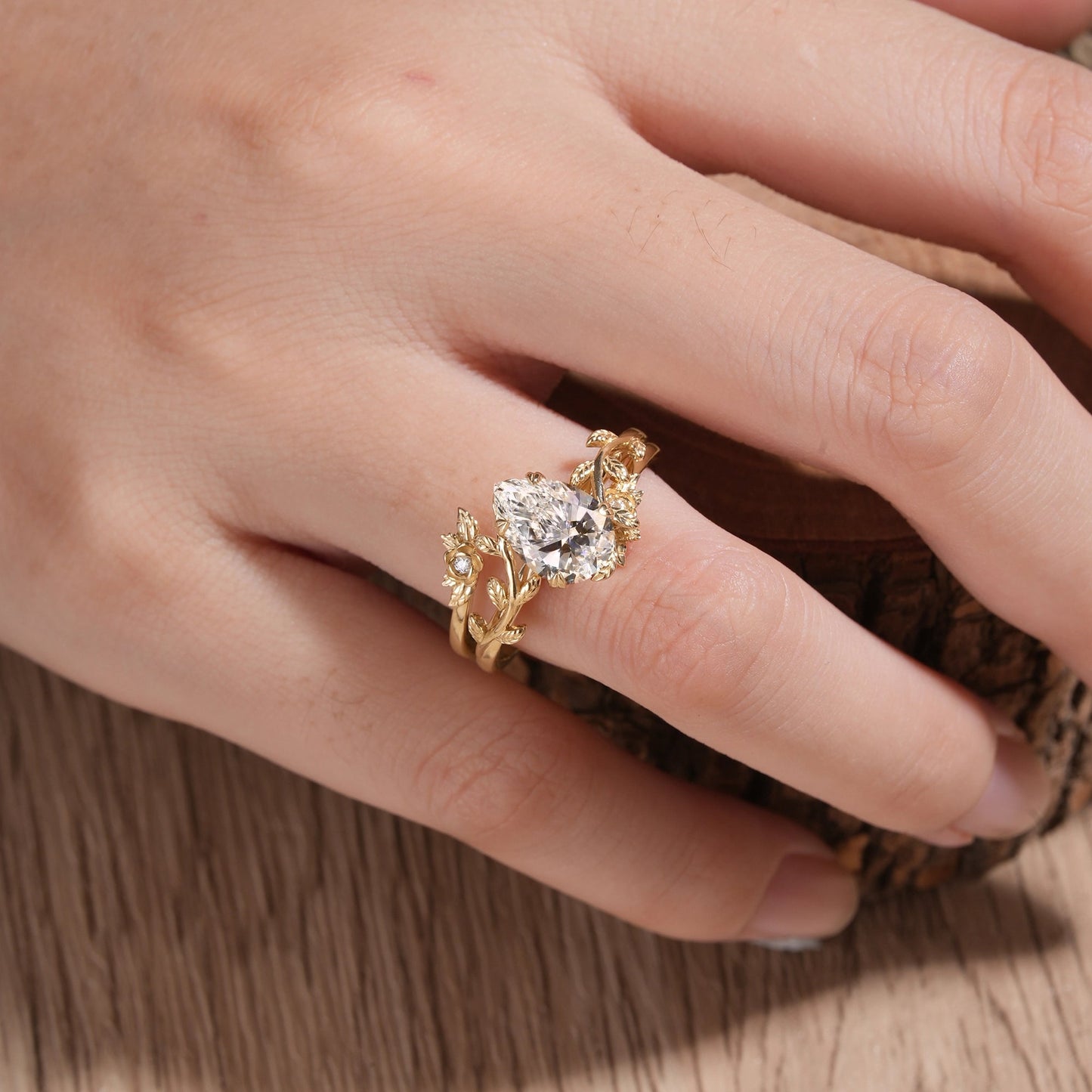 Rose Blossom: Pear - Cut Lab Grown Diamond Leaf Ring Set - Helena - GemsMagic