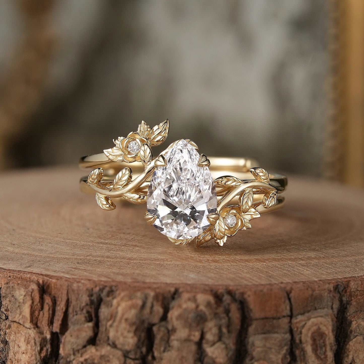 Rose Blossom: Pear - Cut Lab Grown Diamond Leaf Ring Set - Helena - GemsMagic