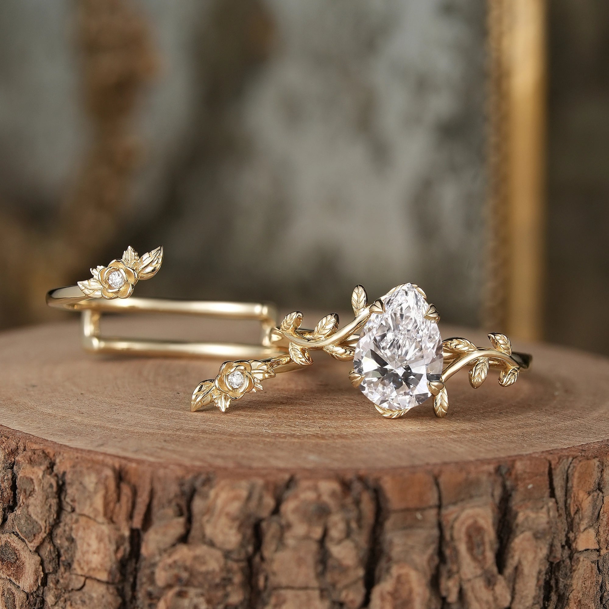 Rose Blossom: Pear - Cut Lab Grown Diamond Leaf Ring Set - Helena - GemsMagic