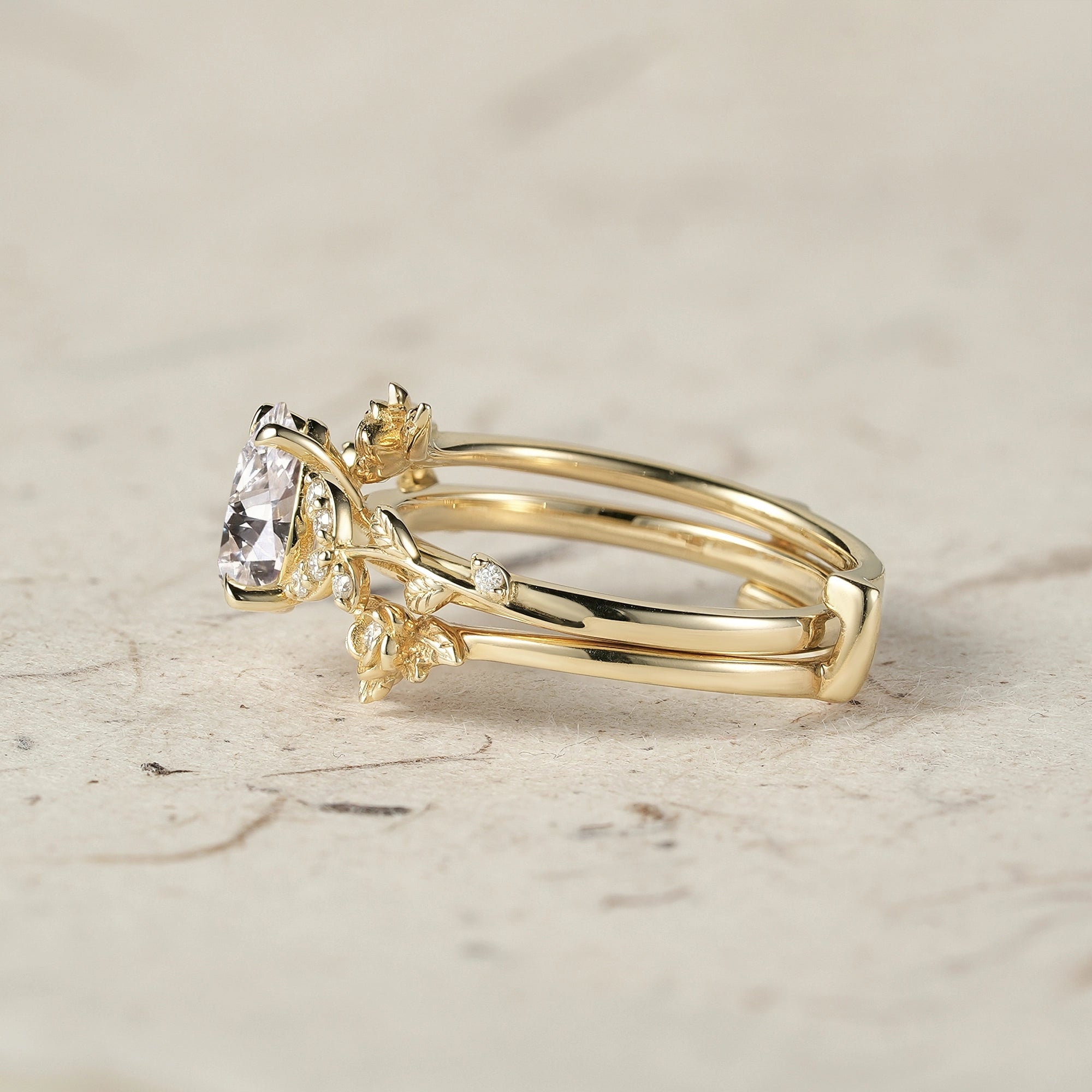 Rose Blossom: Pear Cut Lab Grown Diamond Leaf Ring Set | Jade - GemsMagic