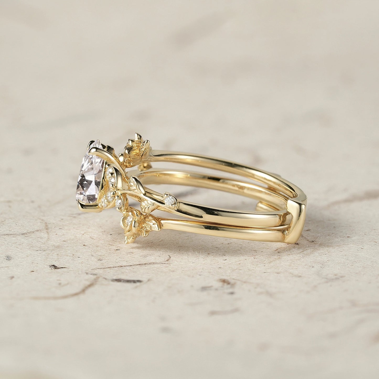Rose Blossom: Pear Cut Lab Grown Diamond Leaf Ring Set | Jade - GemsMagic