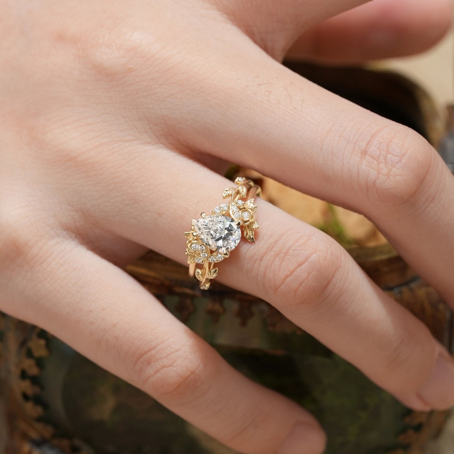 Rose Blossom: Pear Cut Lab Grown Diamond Leaf Ring Set | Jade - GemsMagic