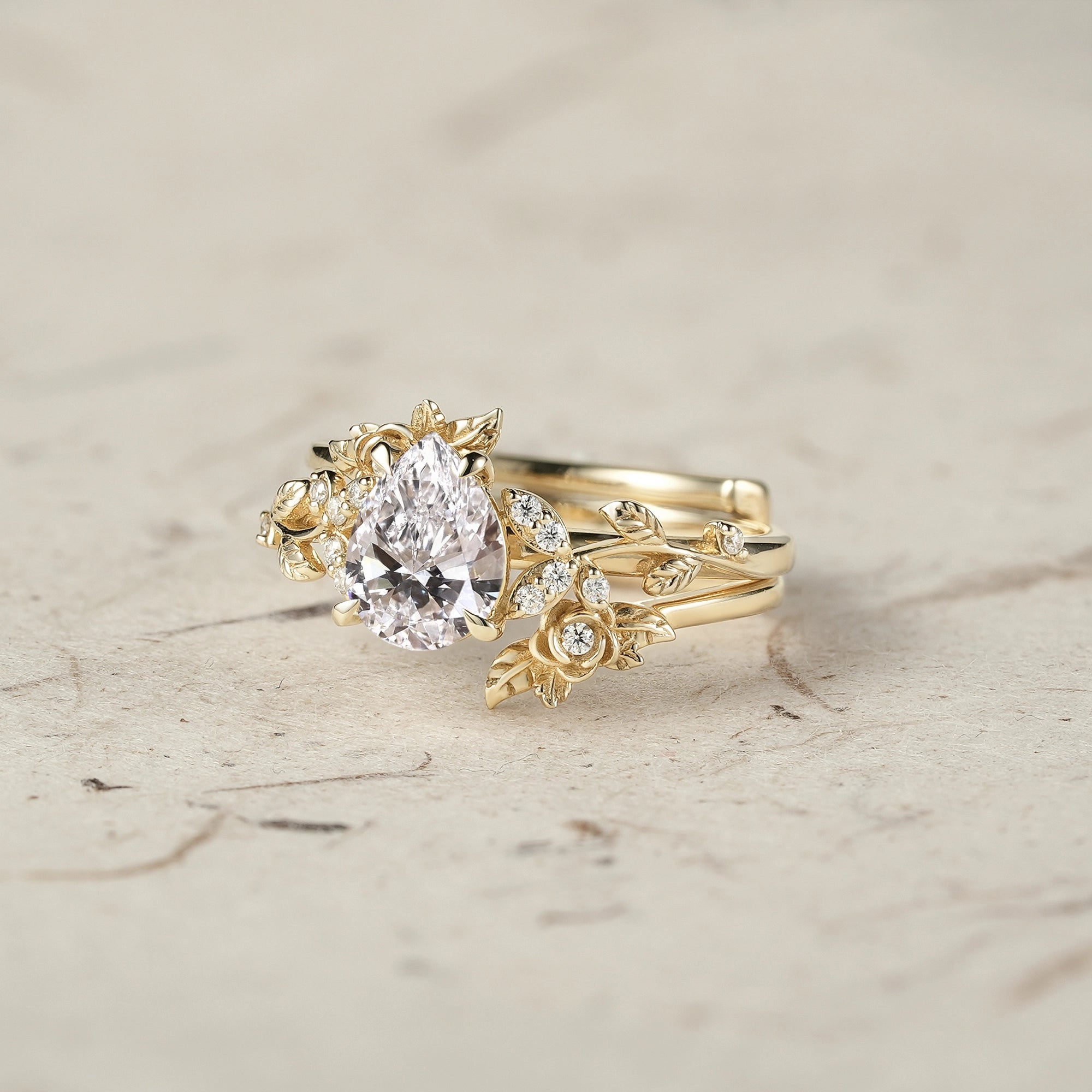 Rose Blossom: Pear Cut Lab Grown Diamond Leaf Ring Set | Jade - GemsMagic