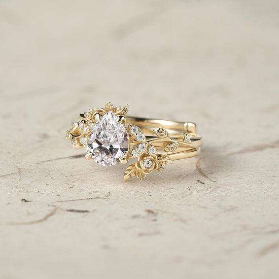 Rose Blossom: Pear Cut Lab Grown Diamond Leaf Ring Set | Jade - GemsMagic