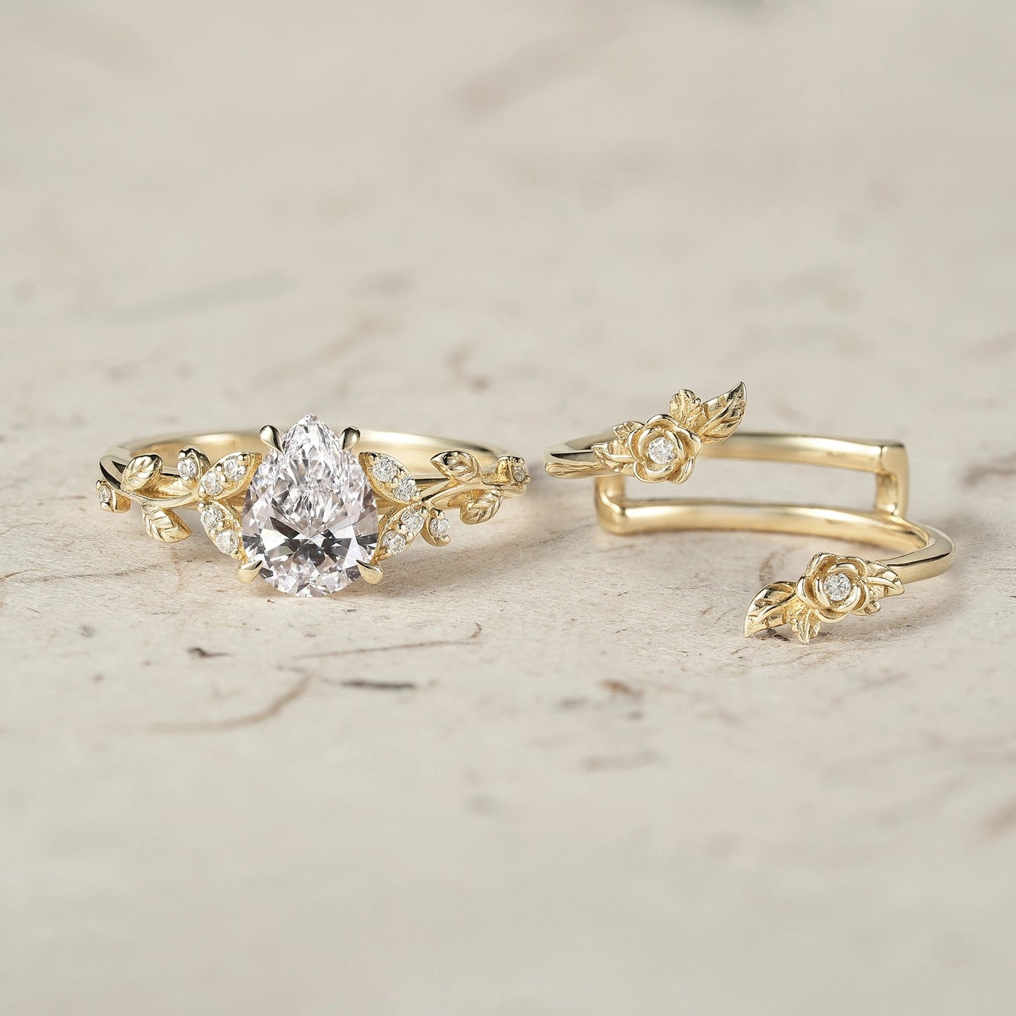 Rose Blossom: Pear Cut Lab Grown Diamond Leaf Ring Set | Jade - GemsMagic
