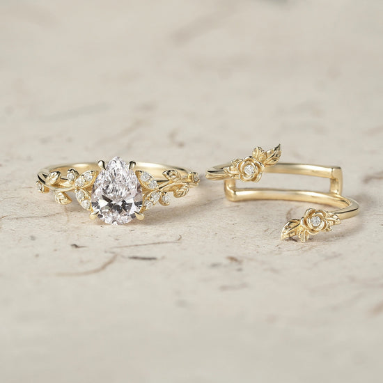 Rose Blossom: Pear Cut Lab Grown Diamond Leaf Ring Set | Jade - GemsMagic
