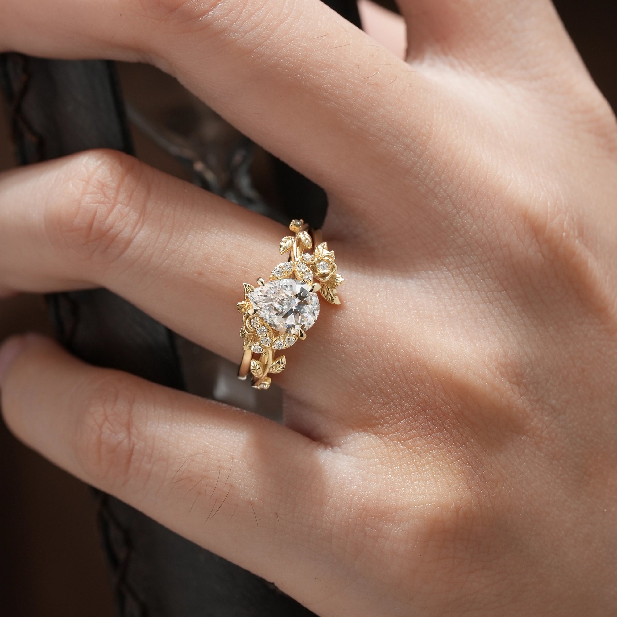 Rose Blossom: Pear Cut Lab Grown Diamond Leaf Ring Set | Jade - GemsMagic