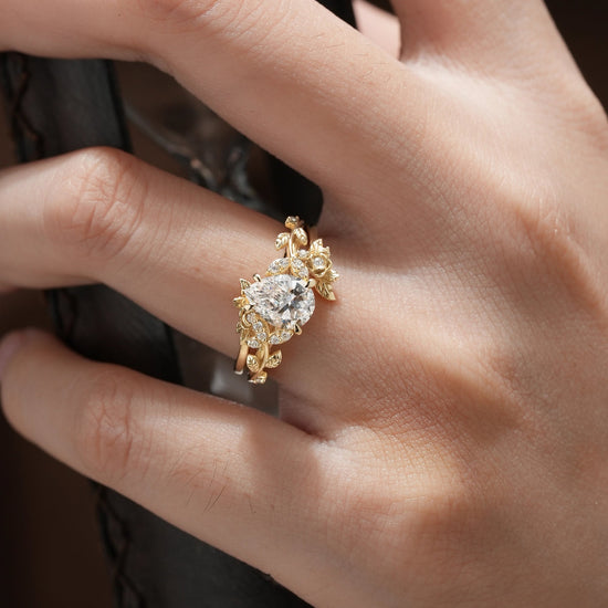 Rose Blossom: Pear Cut Lab Grown Diamond Leaf Ring Set | Jade - GemsMagic