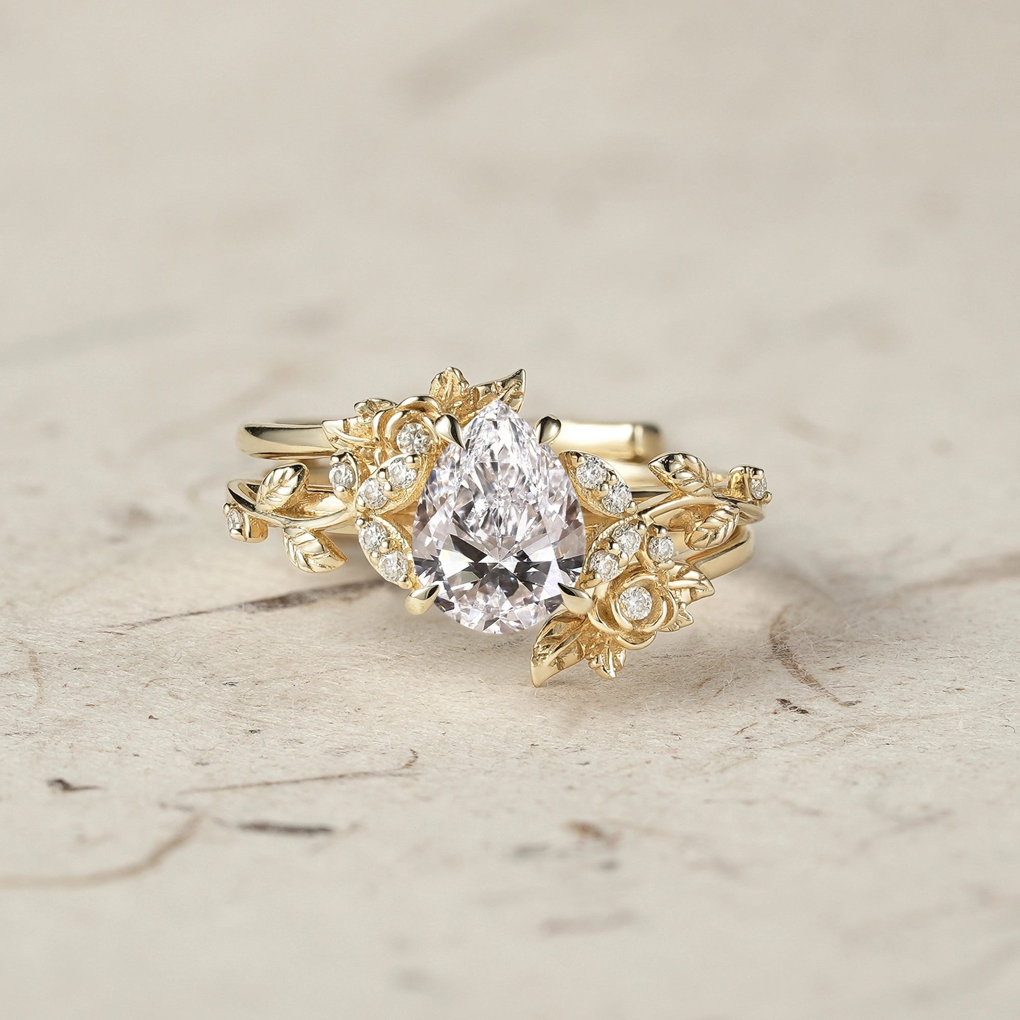 Rose Blossom: Pear Cut Lab Grown Diamond Leaf Ring Set | Jade - GemsMagic