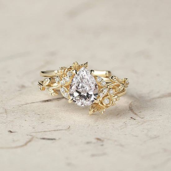 Rose Blossom: Pear Cut Lab Grown Diamond Leaf Ring Set | Jade - GemsMagic