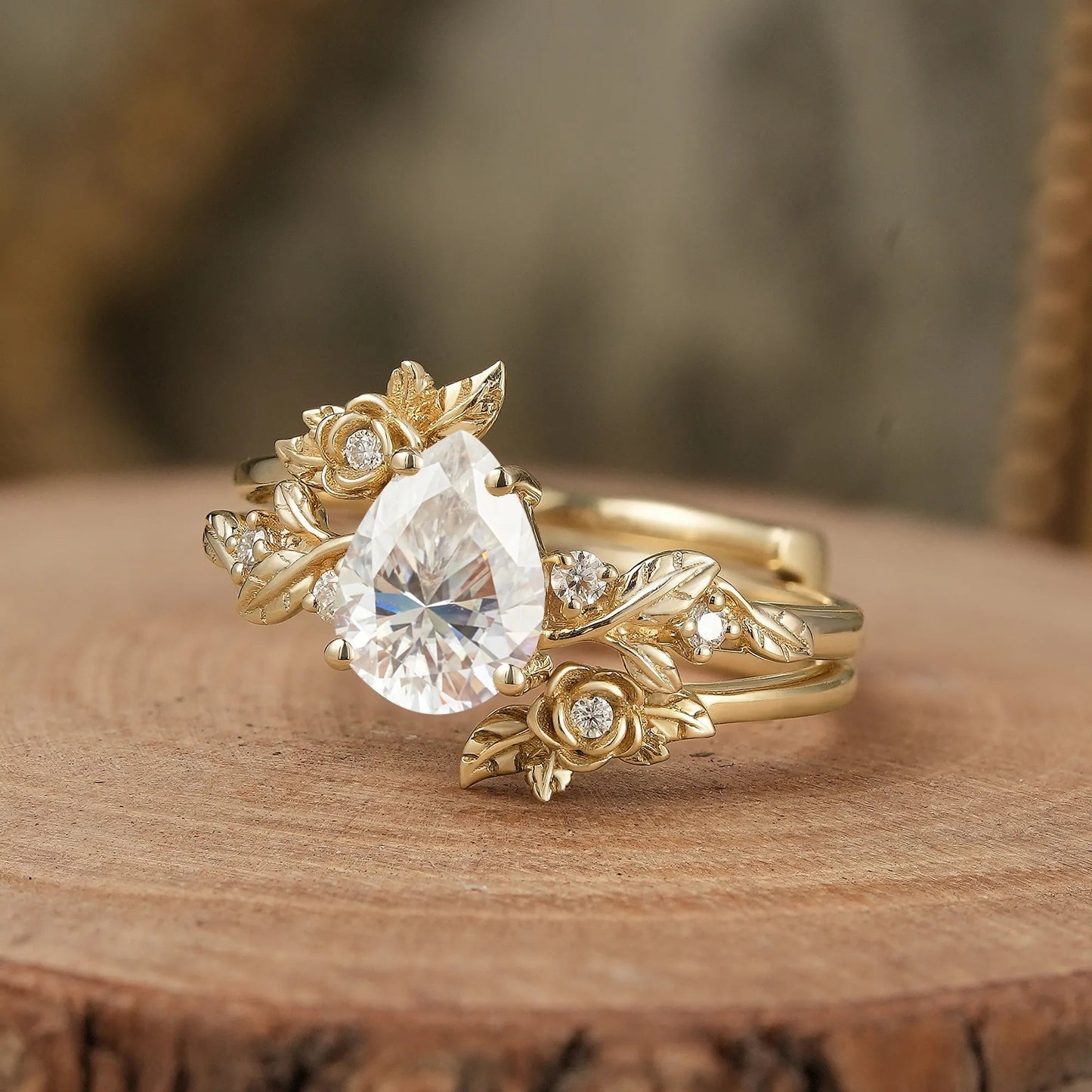 Rose Blossom: Pear - Cut Moissanite Floral Ring Set - Camille - GemsMagic
