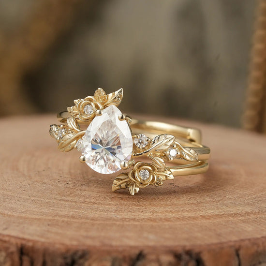 Rose Blossom: Pear - Cut Moissanite Floral Ring Set - Camille - GemsMagic