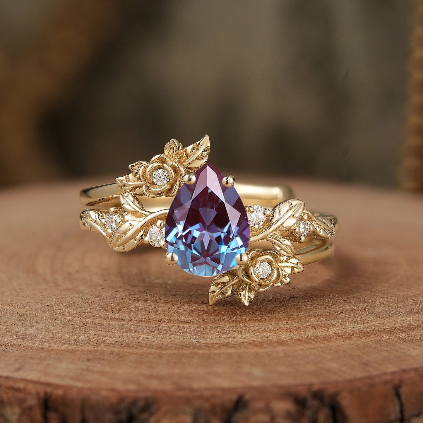 Rose Blossom: Pear - Cut Moissanite Floral Ring Set - Camille - GemsMagic