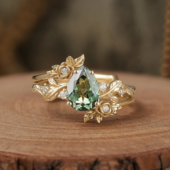Rose Blossom: Pear - Cut Moissanite Floral Ring Set - Camille - GemsMagic