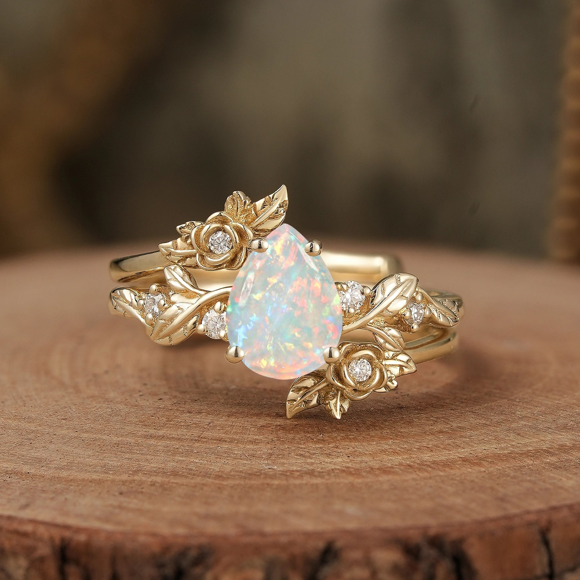 Rose Blossom: Pear - Cut Moissanite Floral Ring Set - Camille - GemsMagic