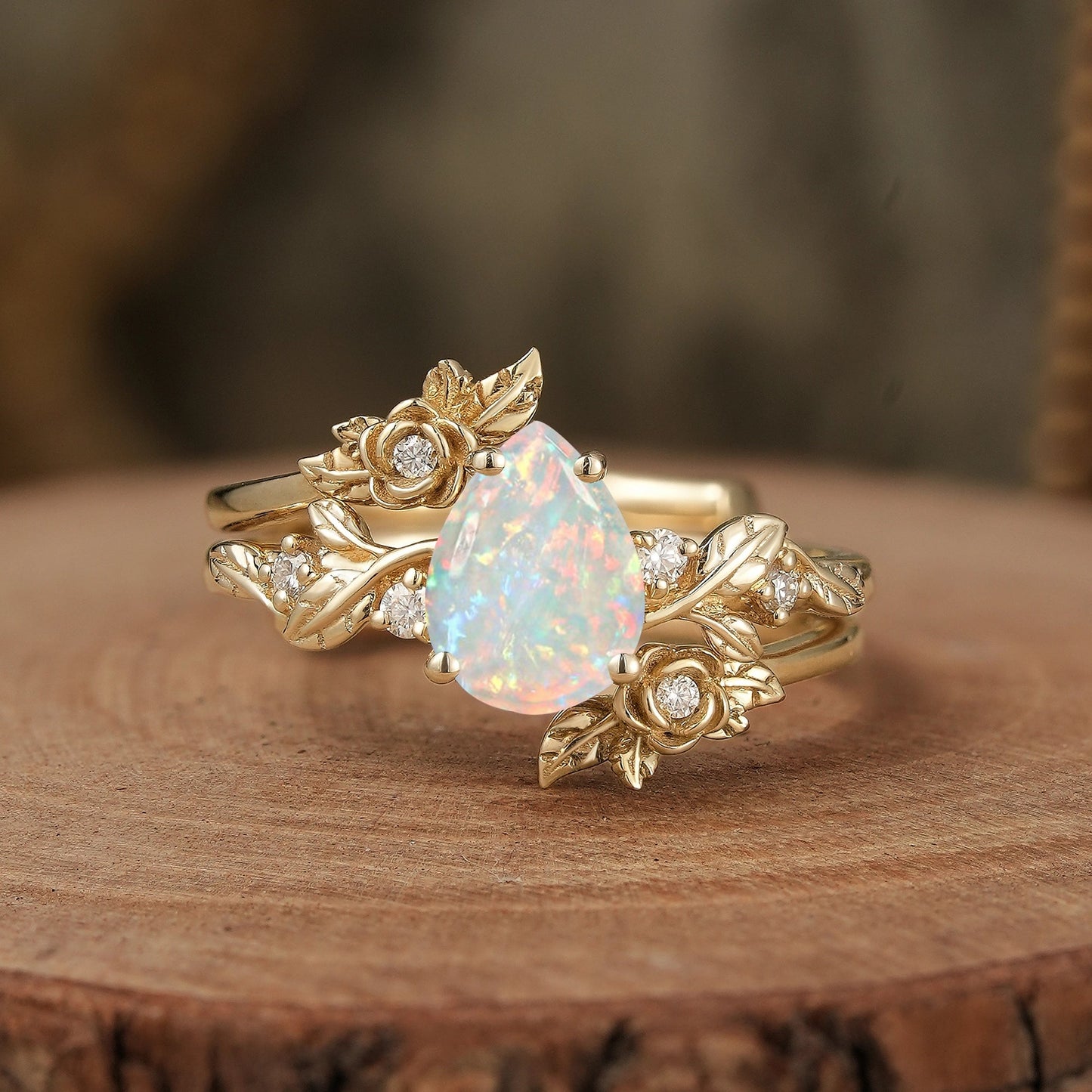 Rose Blossom: Pear - Cut Moissanite Floral Ring Set - Camille - GemsMagic
