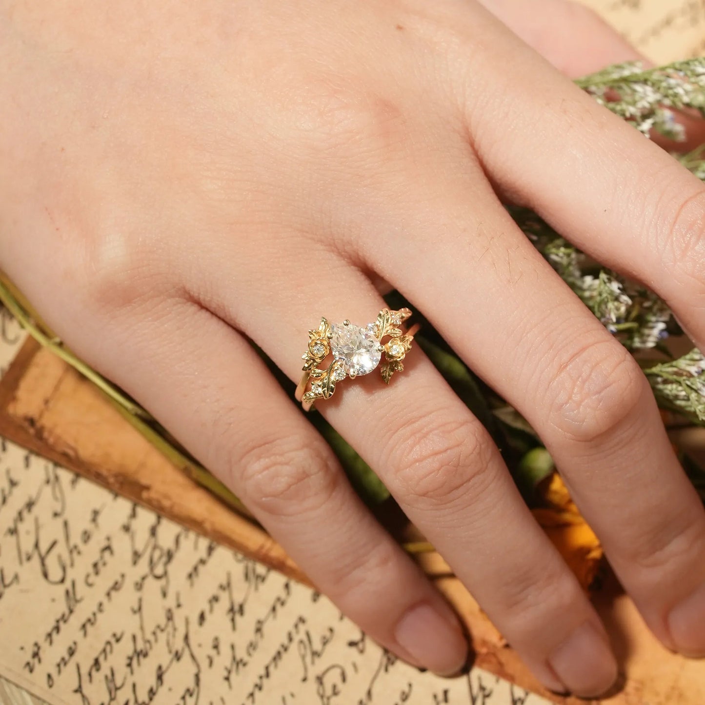 Rose Blossom: Pear - Cut Moissanite Floral Ring Set - Camille - GemsMagic