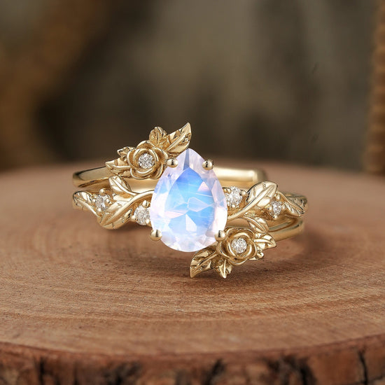 Rose Blossom: Pear - Cut Moissanite Floral Ring Set - Camille - GemsMagic