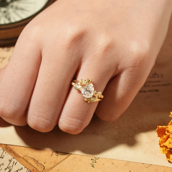 Rose Blossom: Pear - Cut Moissanite Floral Ring Set - Camille - GemsMagic