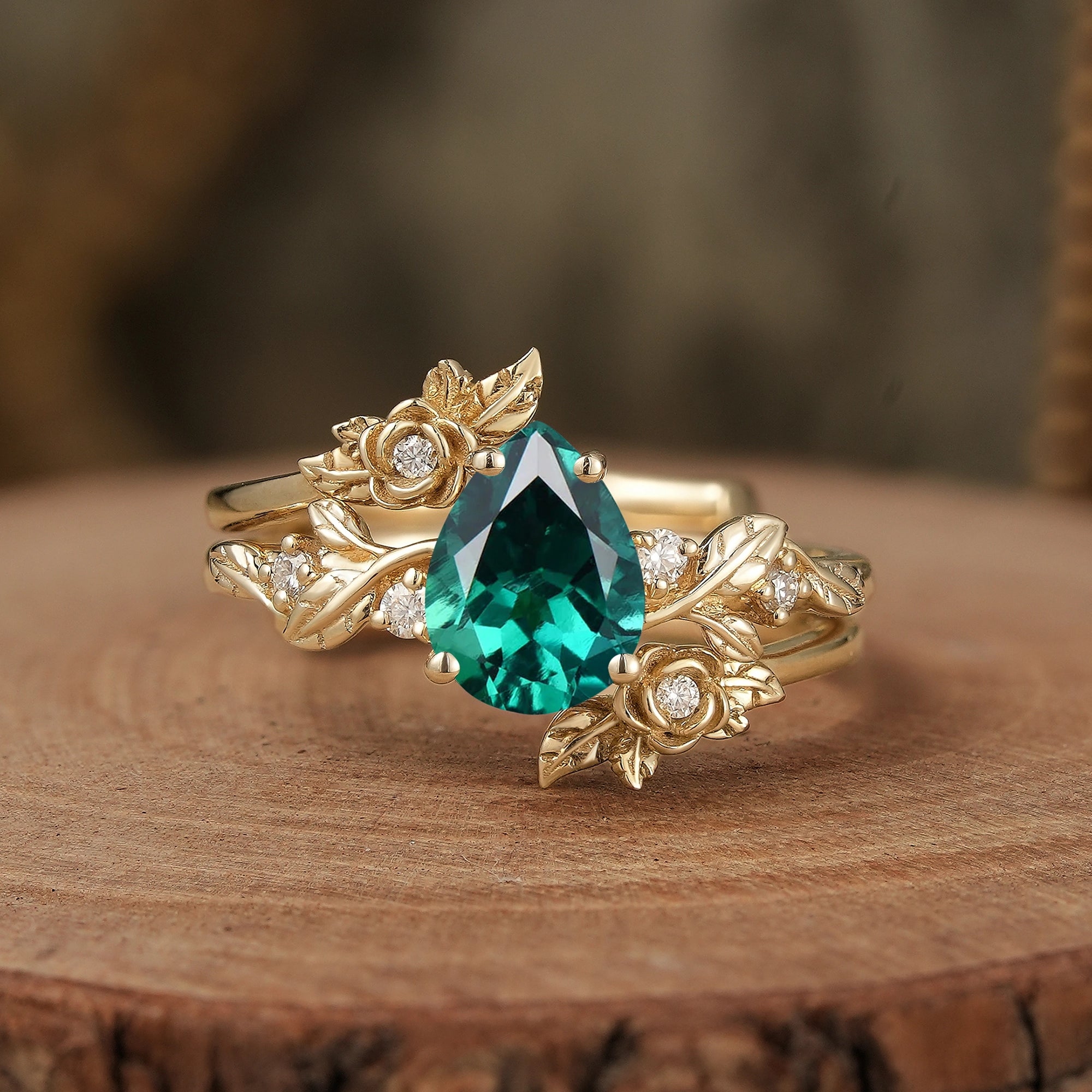 Rose Blossom: Pear - Cut Moissanite Floral Ring Set - Camille - GemsMagic