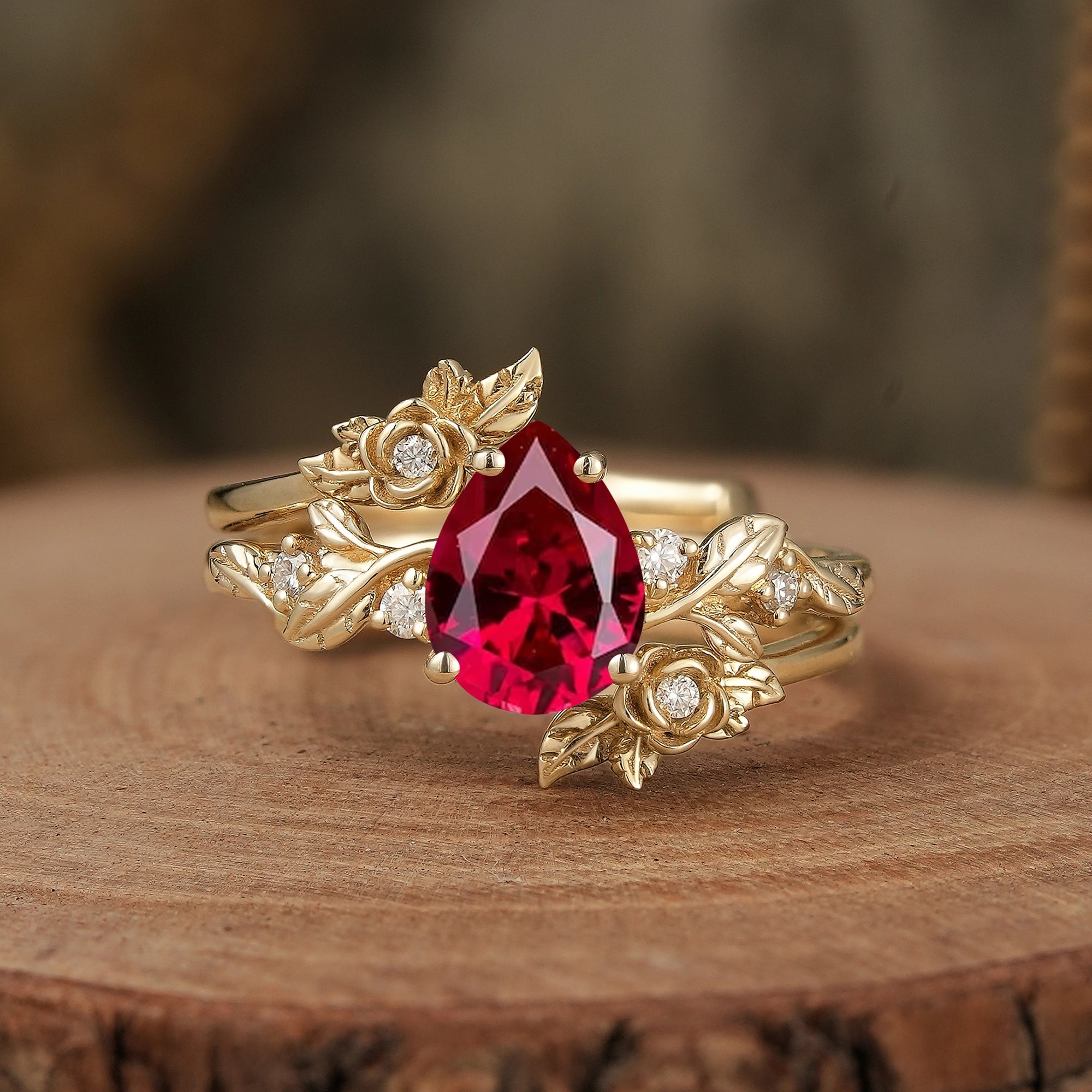 Rose Blossom: Pear - Cut Moissanite Floral Ring Set - Camille - GemsMagic