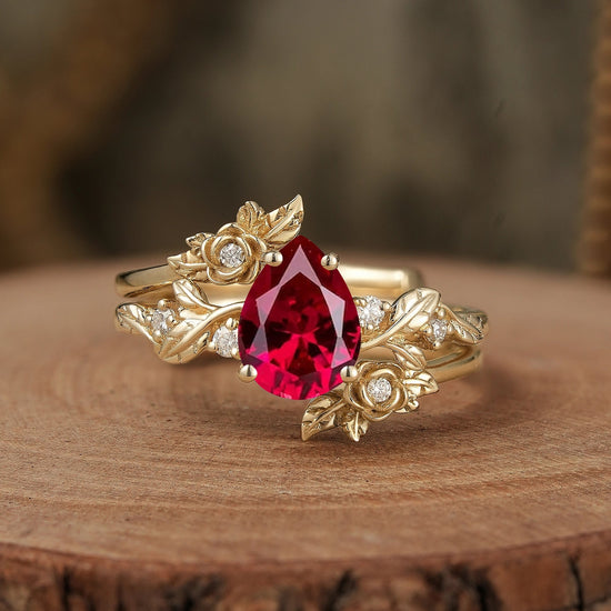 Rose Blossom: Pear - Cut Moissanite Floral Ring Set - Camille - GemsMagic