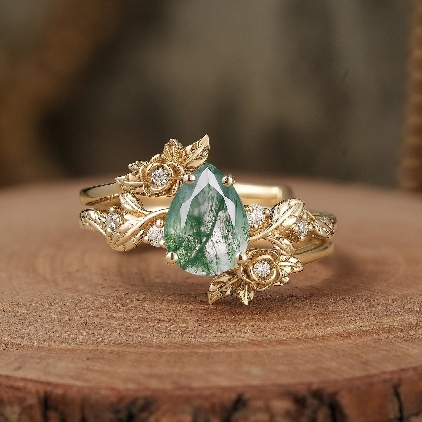 Rose Blossom: Pear - Cut Moissanite Floral Ring Set - Camille - GemsMagic