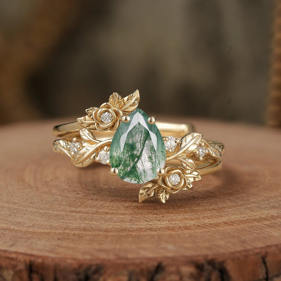 Rose Blossom: Pear - Cut Moissanite Floral Ring Set - Camille - GemsMagic