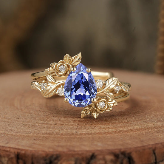 Rose Blossom: Pear - Cut Moissanite Floral Ring Set - Camille - GemsMagic