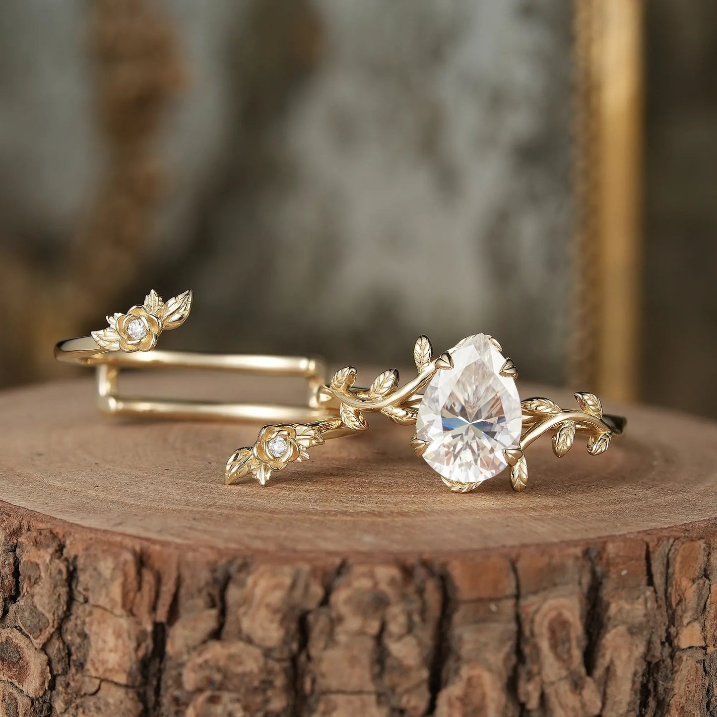 Rose Blossom: Pear - Cut Moissanite Leaf Ring Set - Helena - GemsMagic
