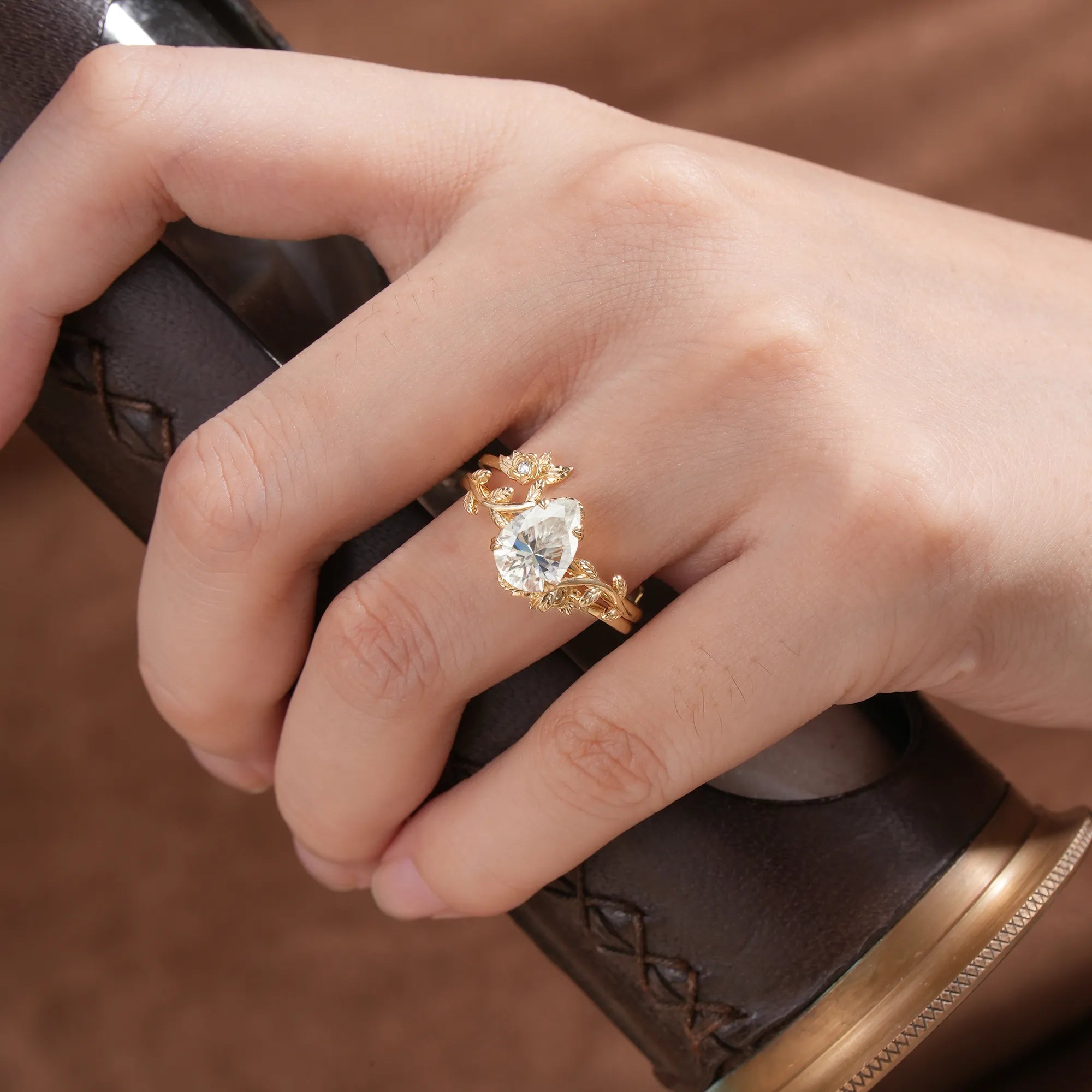 Rose Blossom: Pear - Cut Moissanite Leaf Ring Set - Helena - GemsMagic