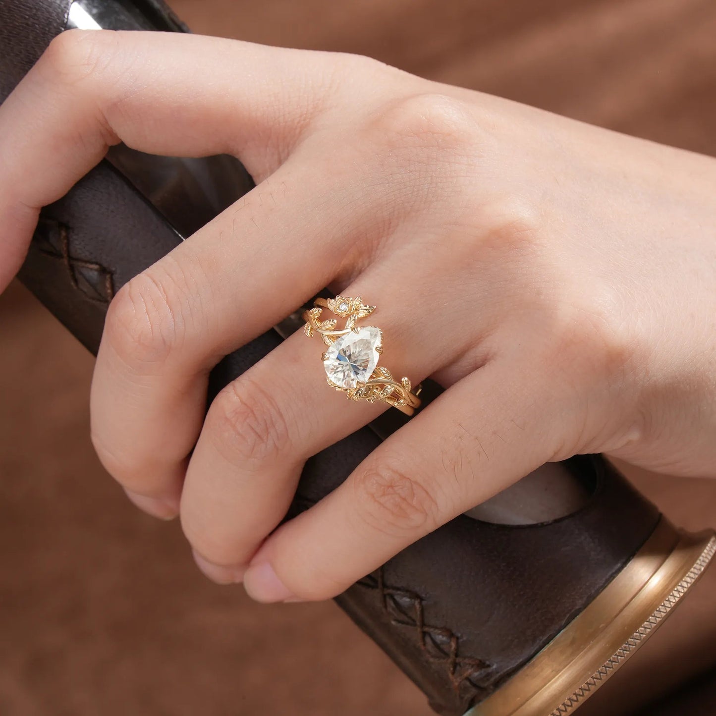 Rose Blossom: Pear - Cut Moissanite Leaf Ring Set - Helena - GemsMagic