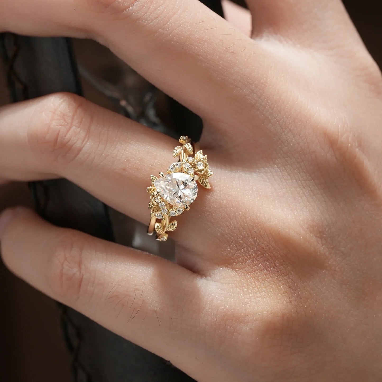 Rose Blossom: Pear Cut Moissanite Leaf Ring Set | Jade - GemsMagic