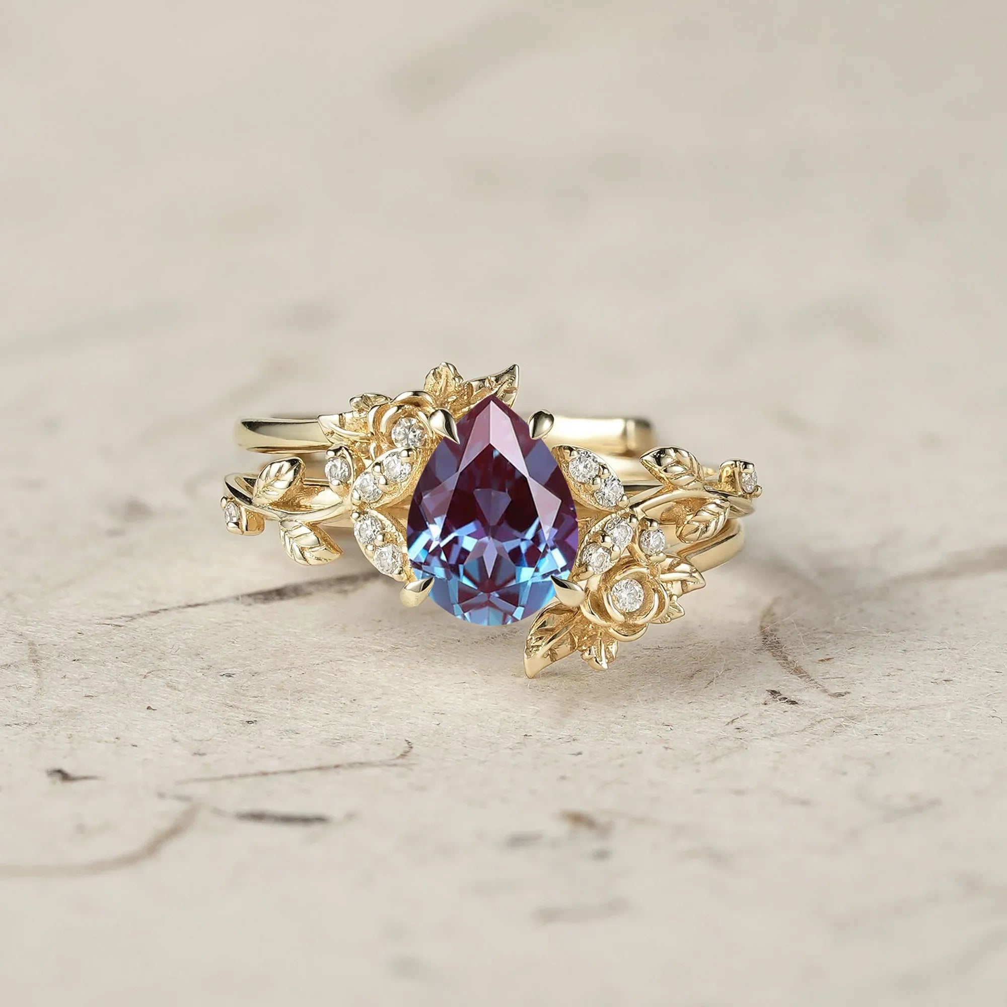 Rose Blossom: Pear Cut Moissanite Leaf Ring Set | Jade - GemsMagic