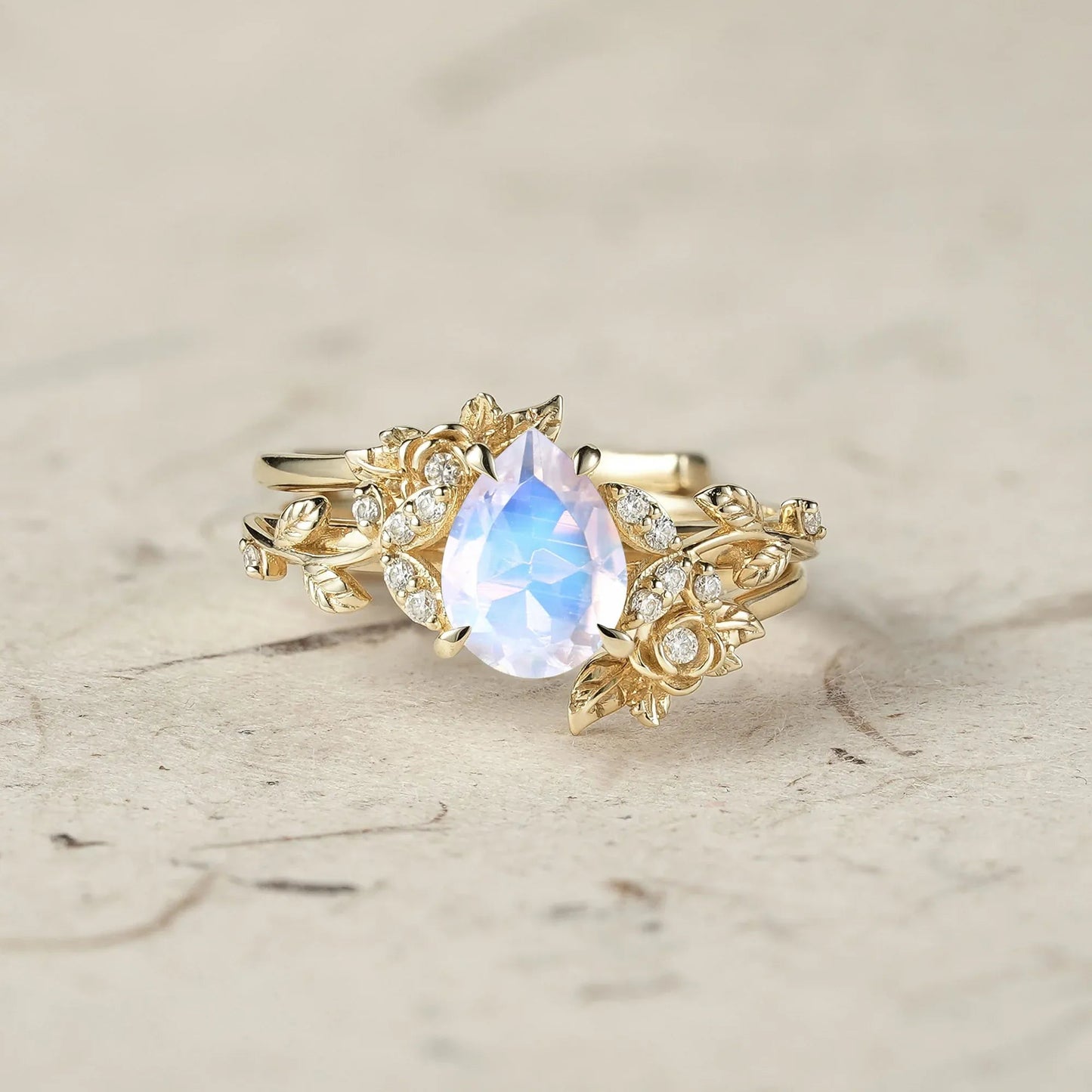 Rose Blossom: Pear Cut Moissanite Leaf Ring Set | Jade - GemsMagic