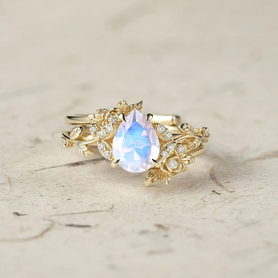 Rose Blossom: Pear Cut Moissanite Leaf Ring Set | Jade - GemsMagic