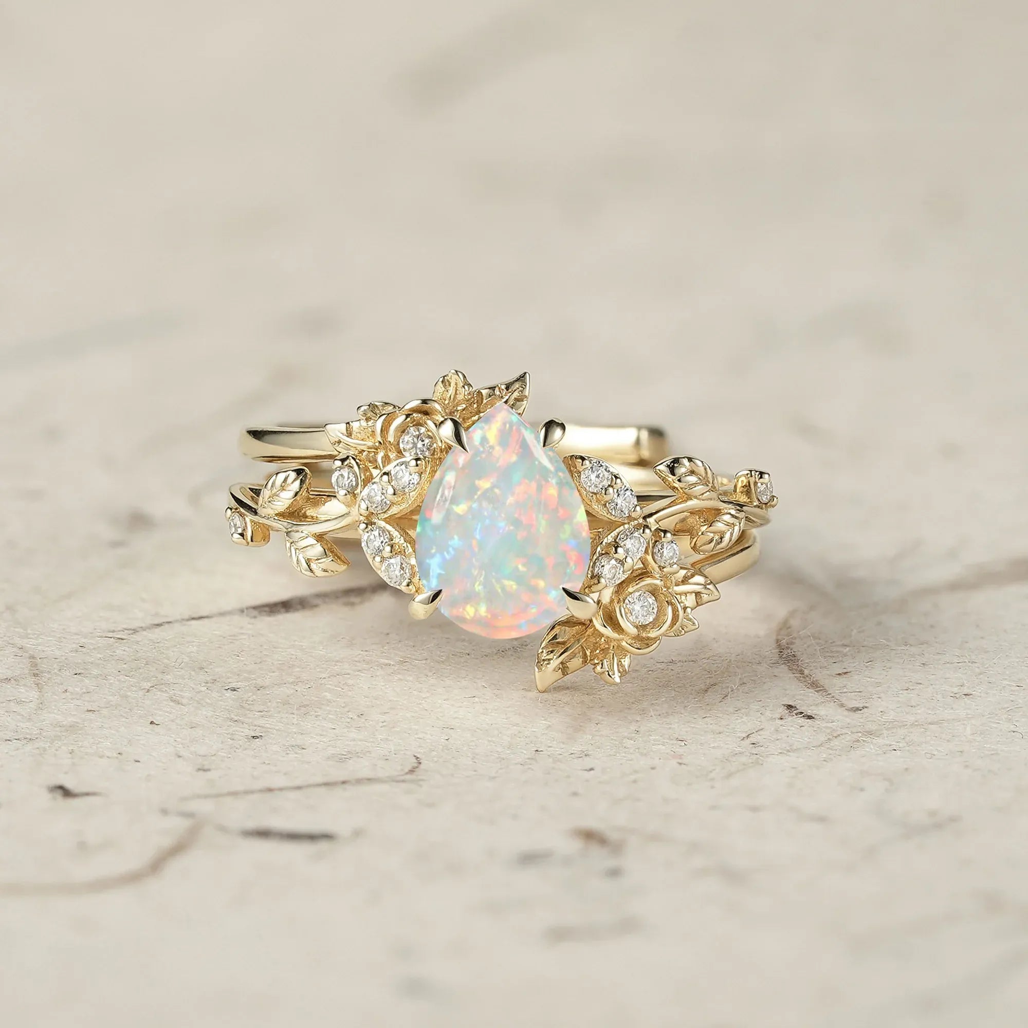 Rose Blossom: Pear Cut Moissanite Leaf Ring Set | Jade - GemsMagic