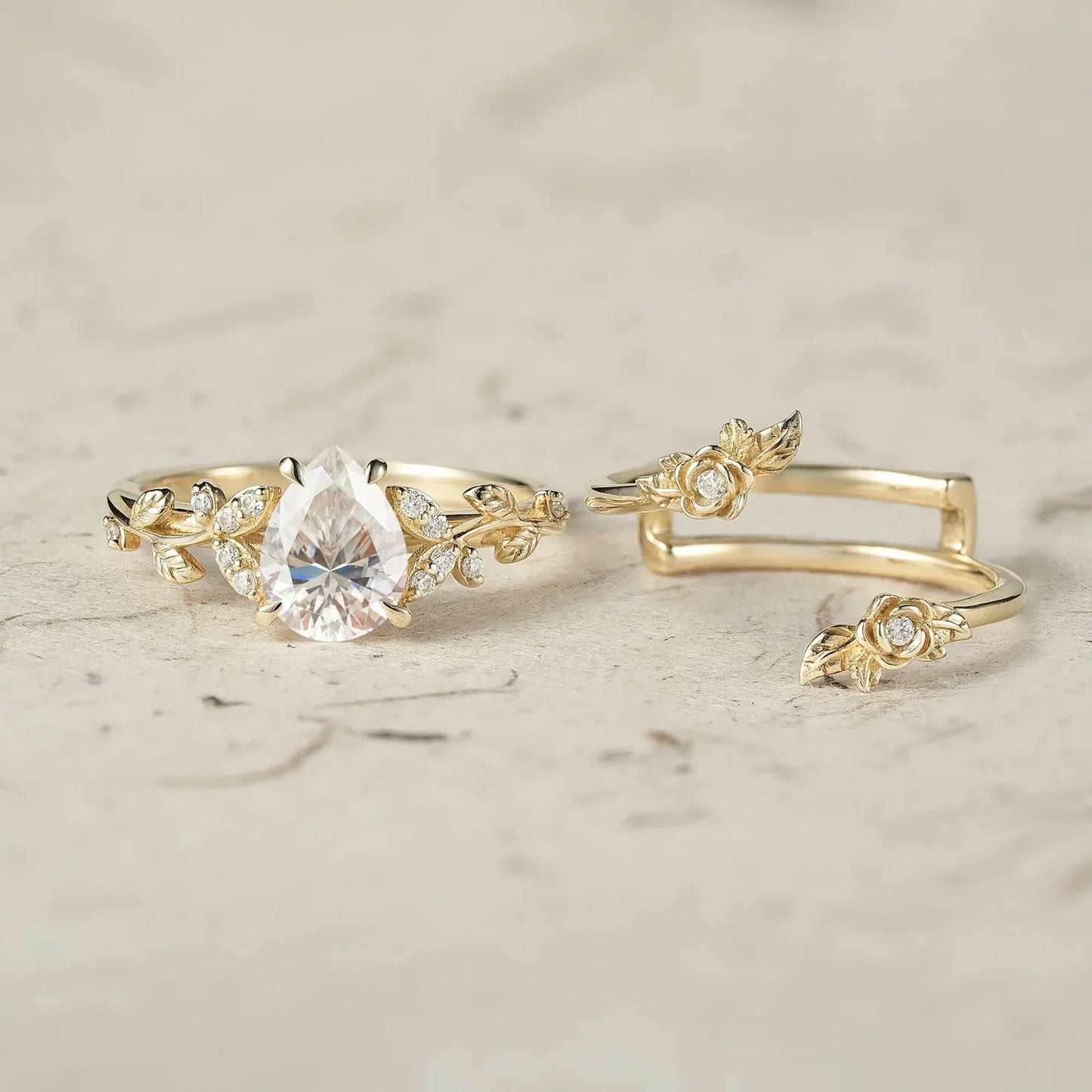 Rose Blossom: Pear Cut Moissanite Leaf Ring Set | Jade - GemsMagic