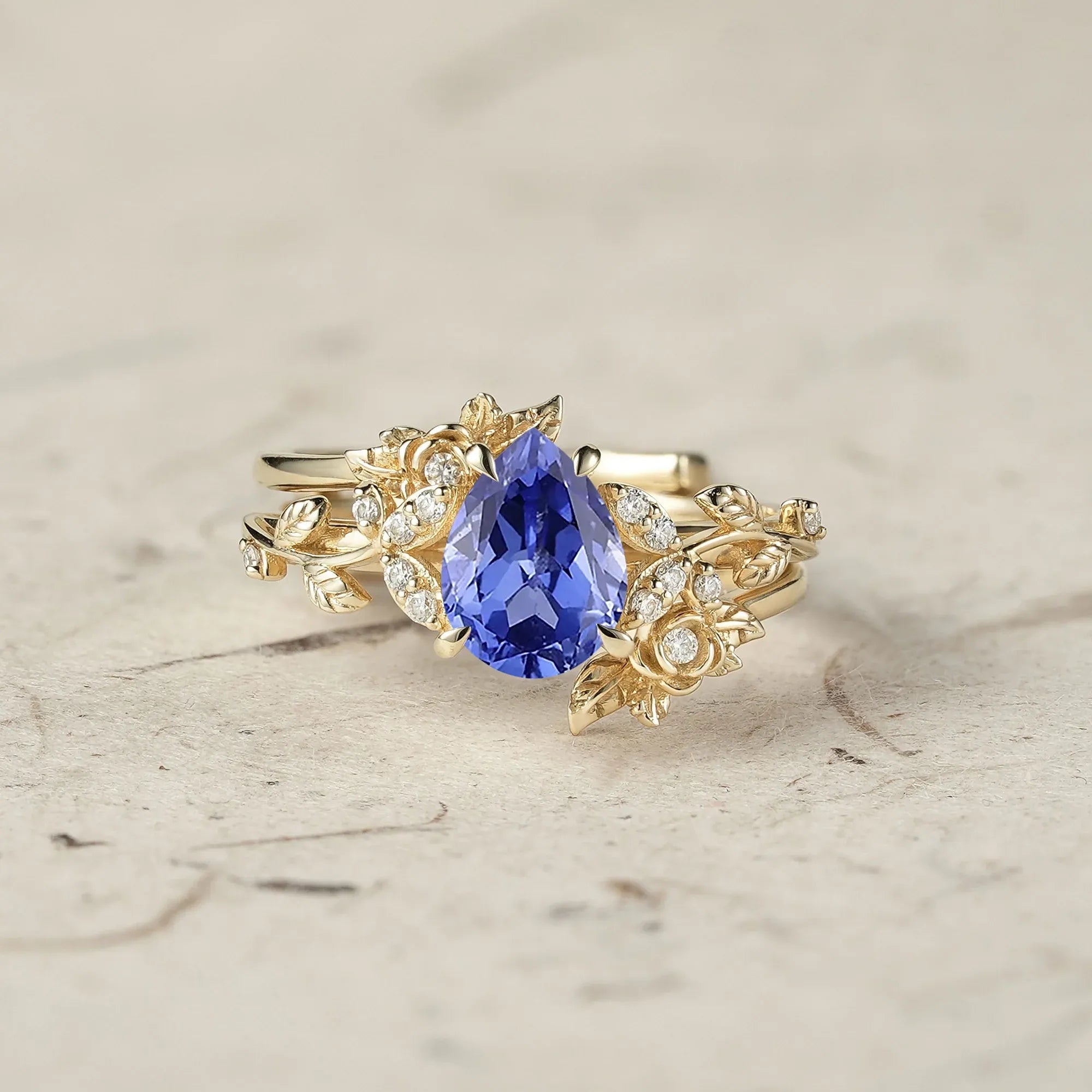 Rose Blossom: Pear Cut Moissanite Leaf Ring Set | Jade - GemsMagic