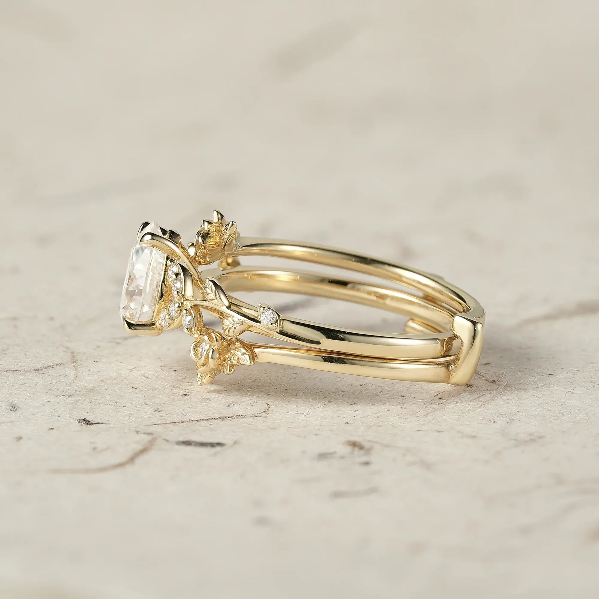 Rose Blossom: Pear Cut Moissanite Leaf Ring Set | Jade - GemsMagic