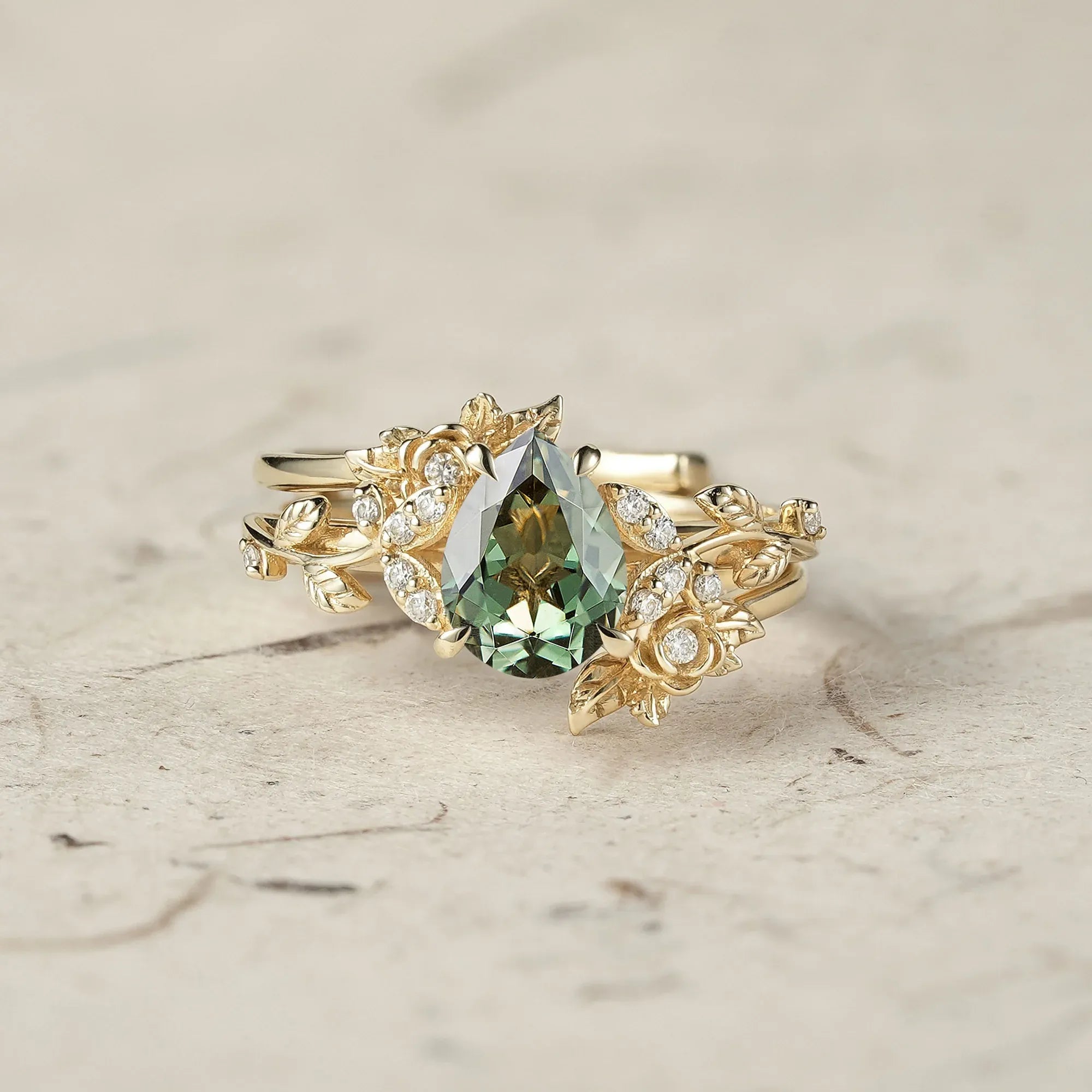 Rose Blossom: Pear Cut Moissanite Leaf Ring Set | Jade - GemsMagic