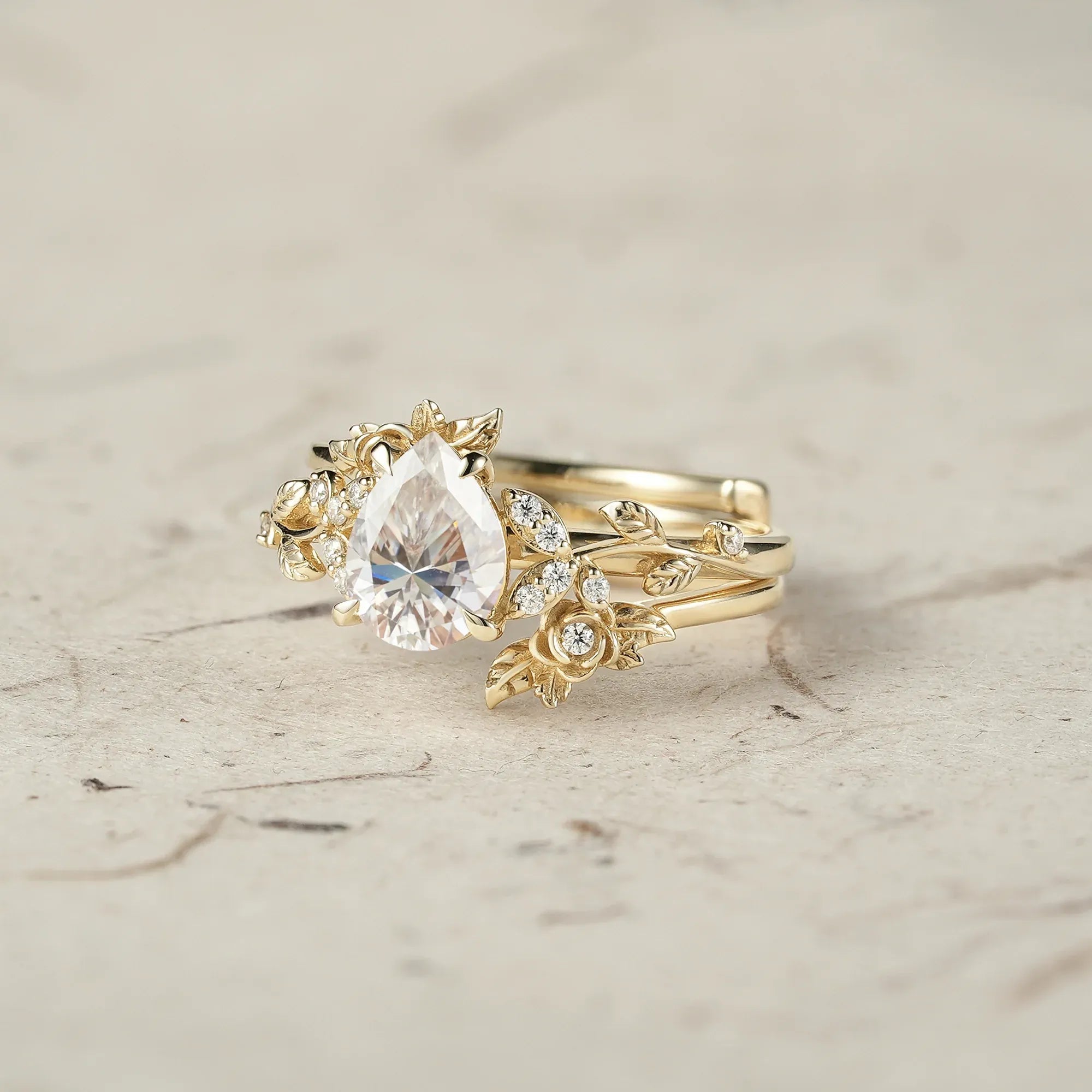 Rose Blossom: Pear Cut Moissanite Leaf Ring Set | Jade - GemsMagic