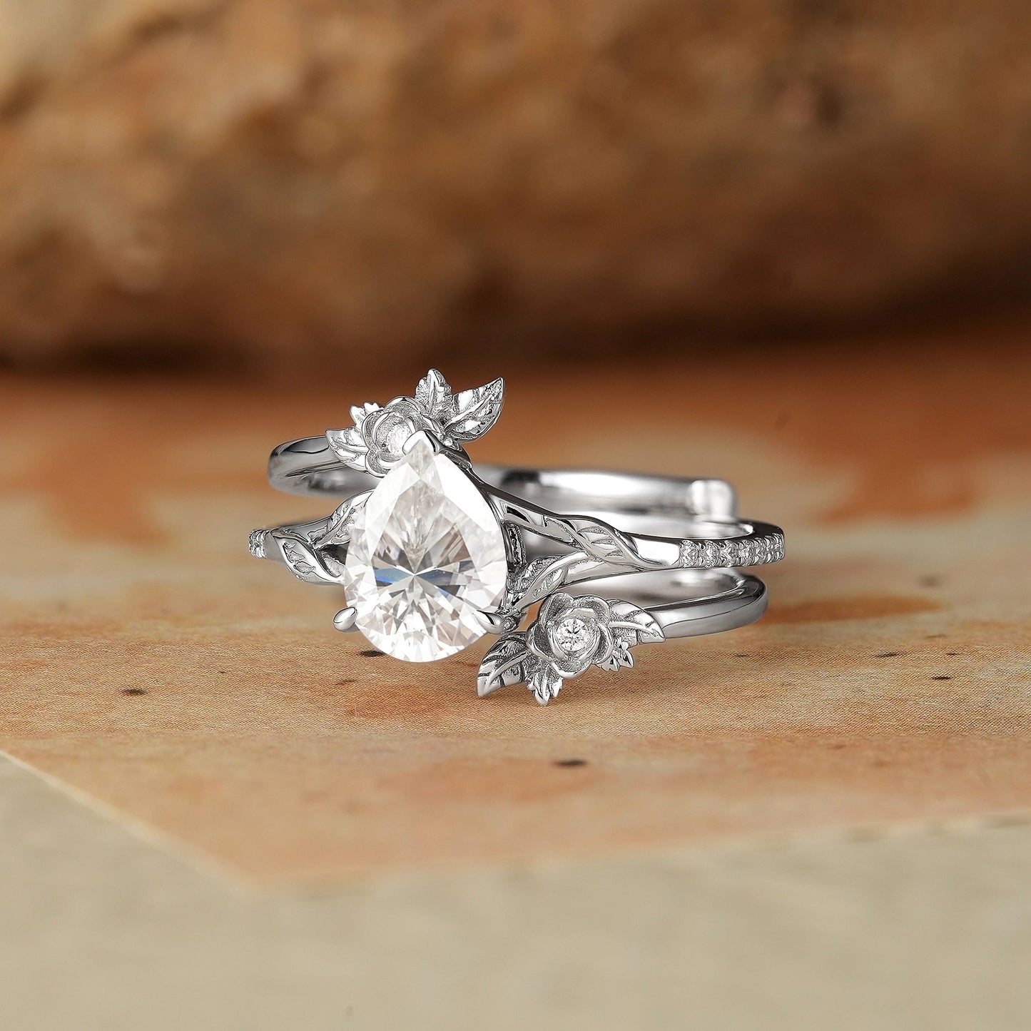 Rose Blossom: Pear Cut Moissanite White Gold Ring Set - Juno - GemsMagic