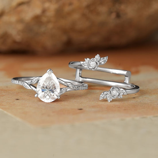 Rose Blossom: Pear Cut Moissanite White Gold Ring Set - Juno - GemsMagic