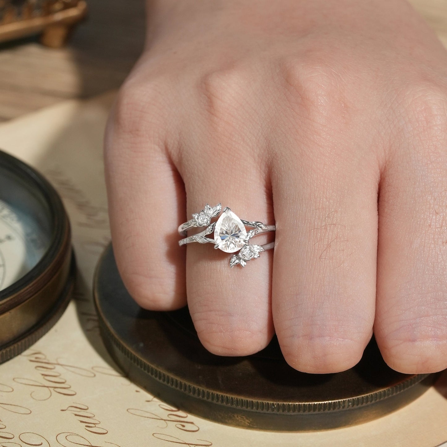 Rose Blossom: Pear Cut Moissanite White Gold Ring Set - Juno - GemsMagic