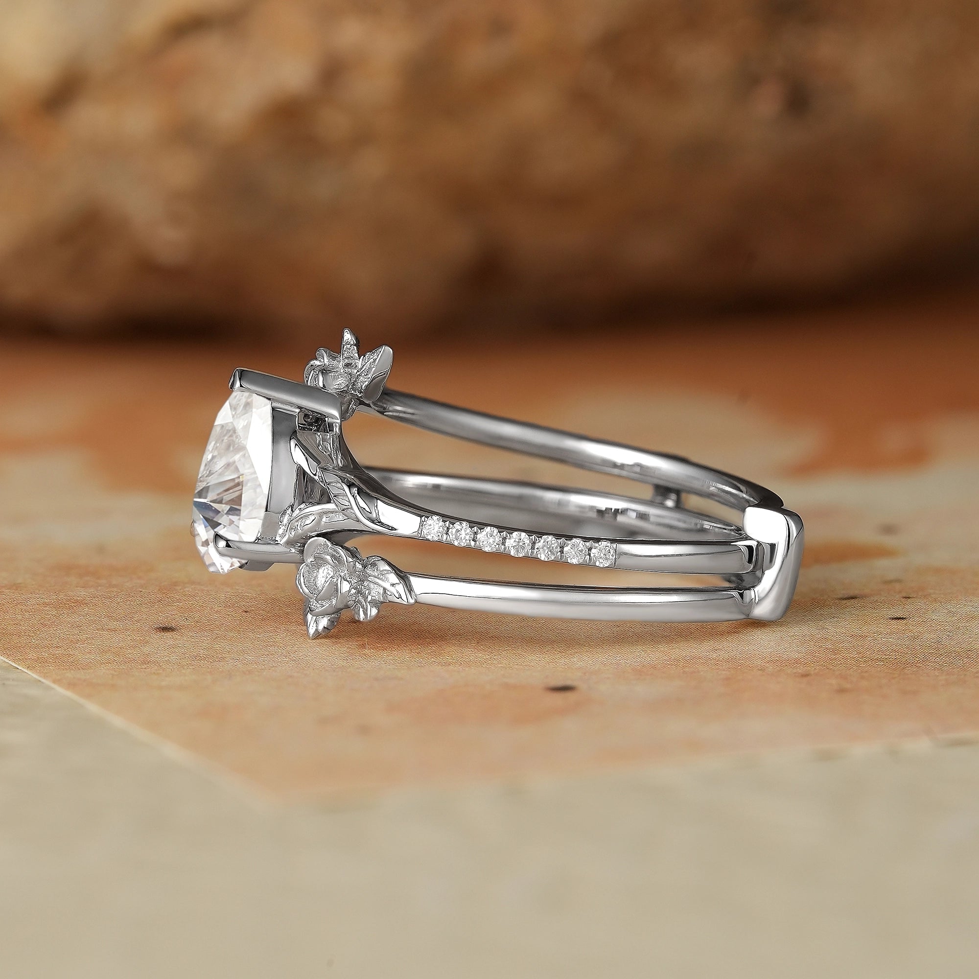 Rose Blossom: Pear Cut Moissanite White Gold Ring Set - Juno - GemsMagic