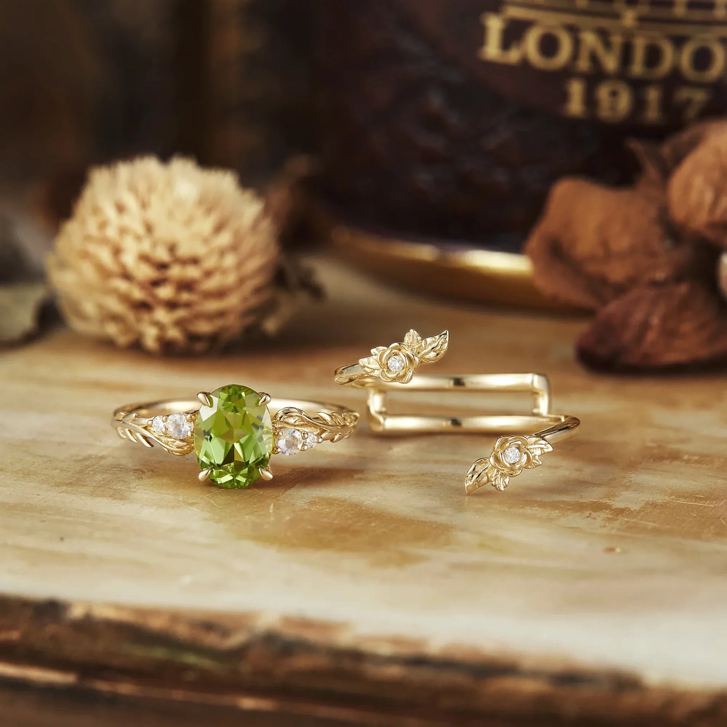 Rose Blossom: Peridot Ring Set with Moonstone | Olive - GemsMagic