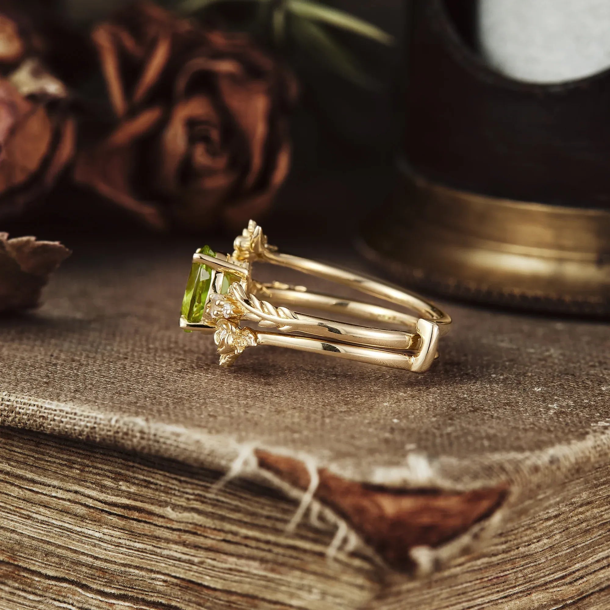 Rose Blossom: Peridot Ring Set with Moonstone | Olive - GemsMagic
